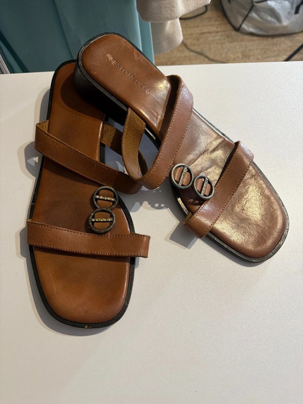Sesto meucci square toe, leather cognac sandals, 10 700